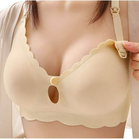Ahuyic Nursing Bras for Breastfeeding Wavy Seamless Comfort Maternity Bralette Wireless Pregnancy Sleep Bra with Support Beige L