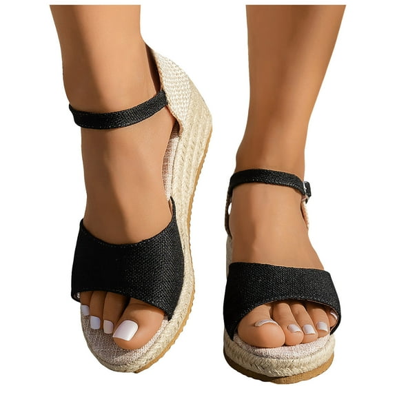 Women's Espadrilles Platform Wedge Sandals Beach Summer Linen Open Toe Ankle Strap Dress Sandals