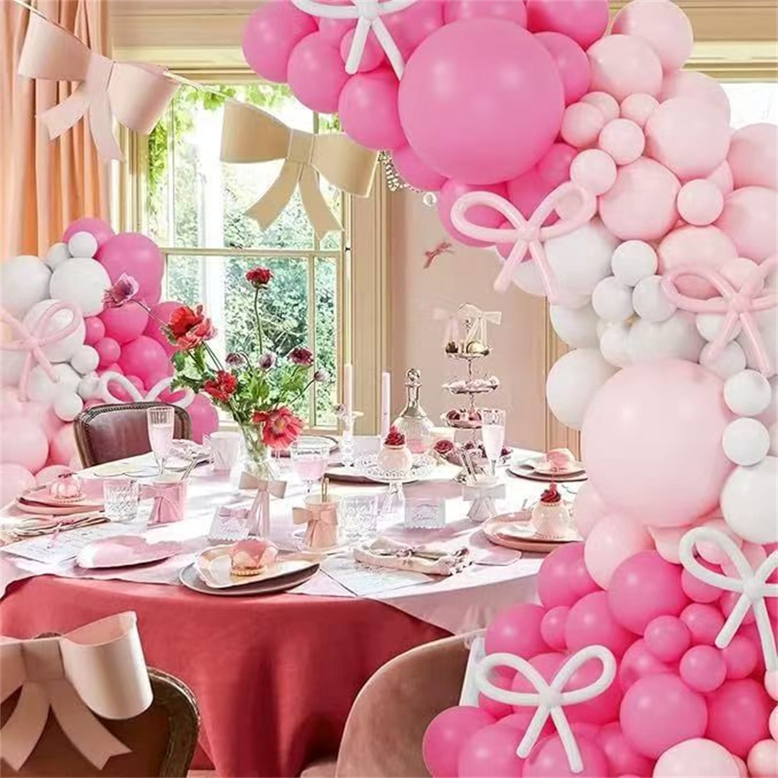 WODJR 149Pcs Bow Balloon Garland Arch Kit Coquette Birthday Decorations Pink White Balloon Arch Hot Pink Bowknot Balloon for Wedding Bridal Shower Girl Birthday Engagement Coquette Bow Party Supplies