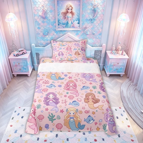 meiyoeat Kawaii Crown Mermaid Princess Twin Sheets for Kids Girls, Dolphin Star Coral Fairy Bedding, Pink Purple, Pink Reversible, 1 Flat Sheet, 1 Fitted Sheet and 1 Pillowcase