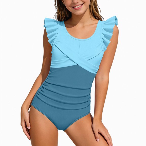 Bosanter Girls Swimsuit One-Piece Bathing Suit Color Blocking Swimwear Comfortable Breathable Swimwear Beach Bathing Suit, Sky Blue 13-14Y