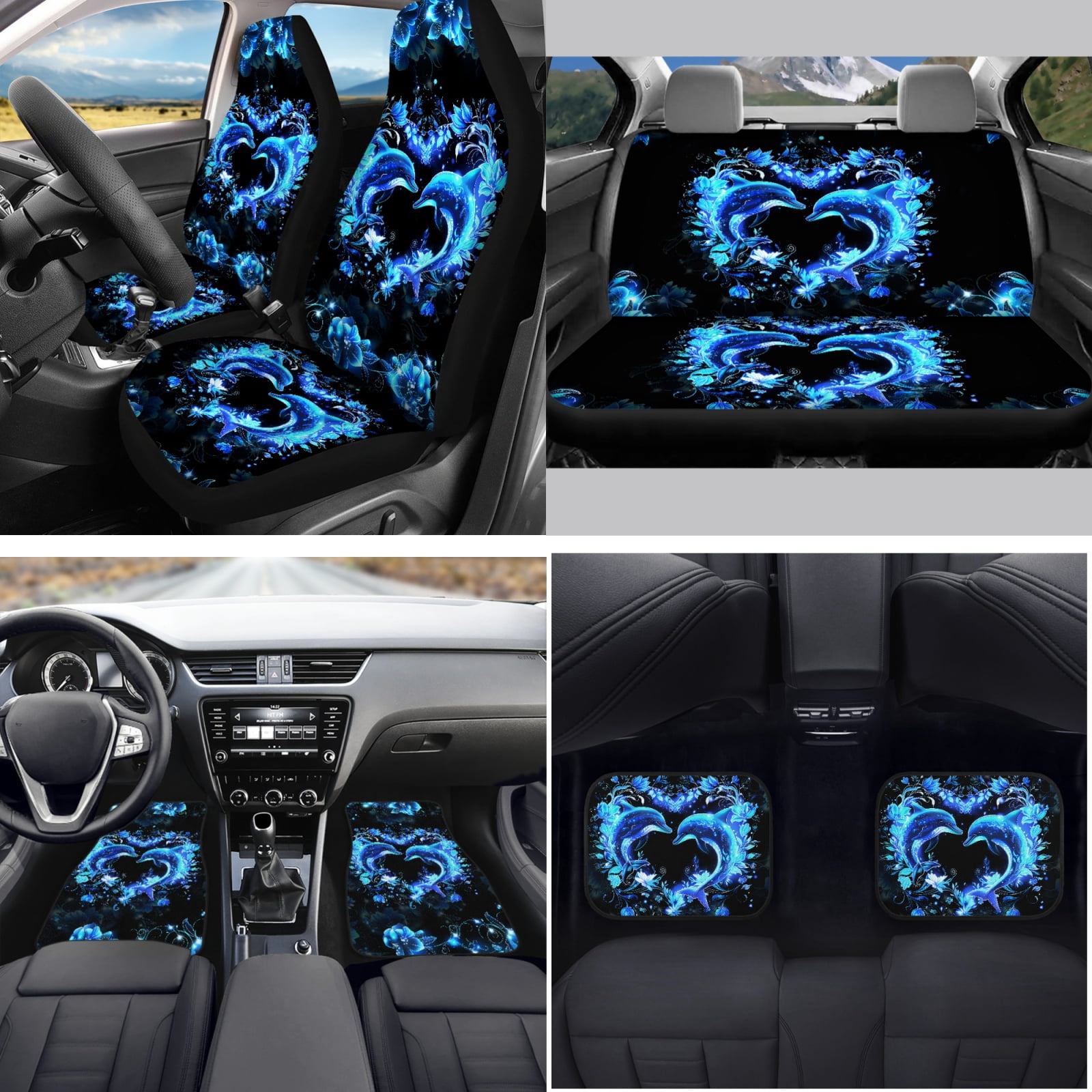 Yuyamidu 15 Pack Blue Dolphin Car Seat Covers Set with Floor Mats Heart Steering Wheel Cover Seat Belt Pads Handbrake Cover Set Coasters Auto Accessories