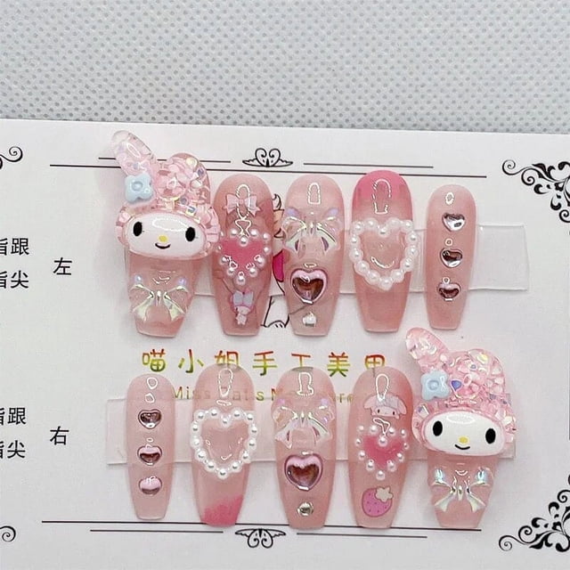 Sanrio-piezas de uñas de Hello Kitty My Melody, decoración de uñas Kawaii de dibujos animados, estilo de chica dulce, manicura desmontable Diy, 10 Uds.
