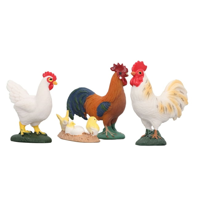 Juego de 4 figuras de pollos de granja simulados, gallos, gallinas y pollitos, decoración de animales de granja para fiesta de Pascua.