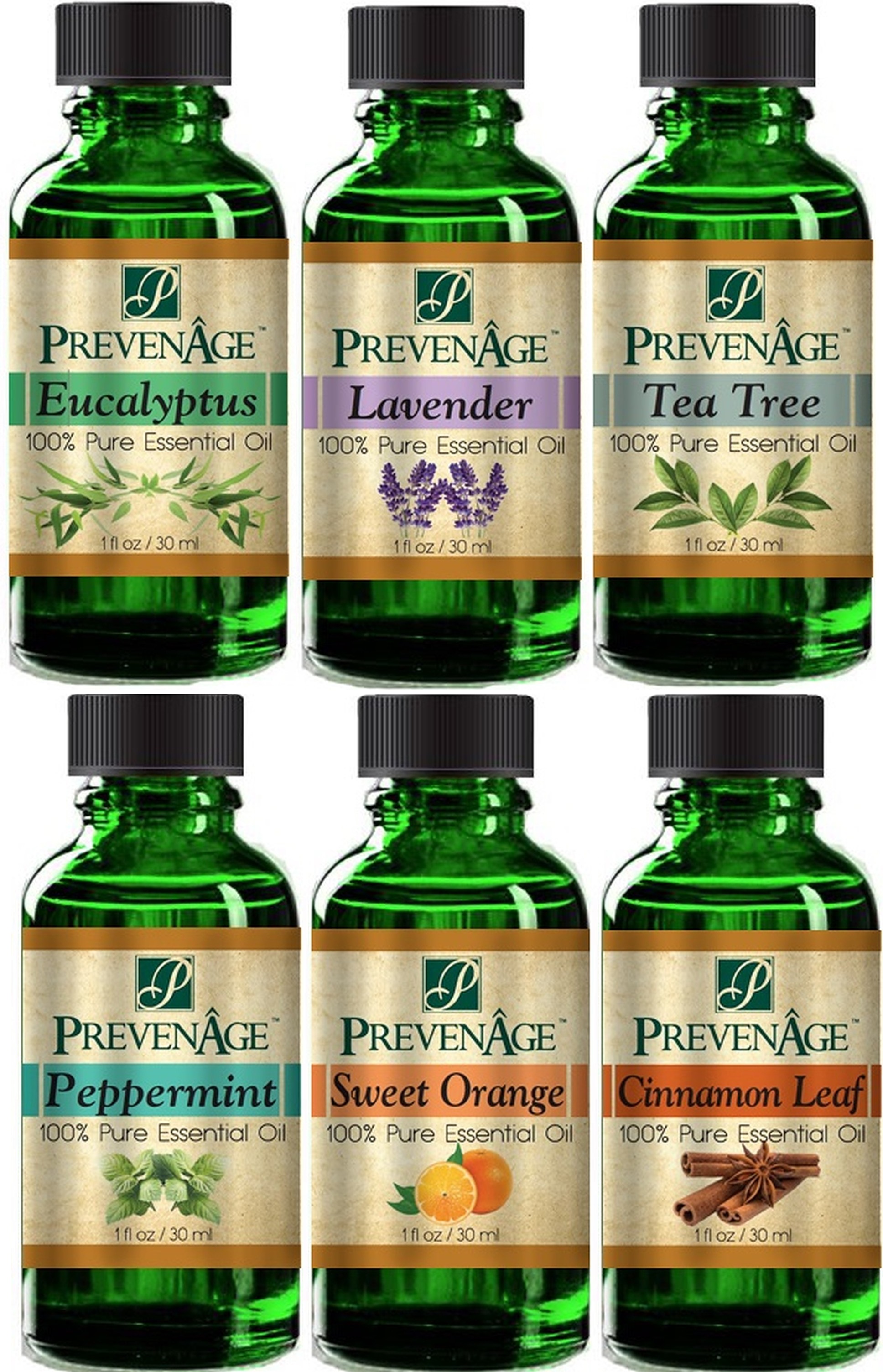 Essential Oil Gift Set of 6 Aromatherapy 30 mL / 1 Oz - Peppermint, Eucalyptus, Lavender, Tea Tree, , Orange, Cinnamon - 100% Pure Therapeutic Grade Essential Oils by PrevenAge Made in USA Pack of 6