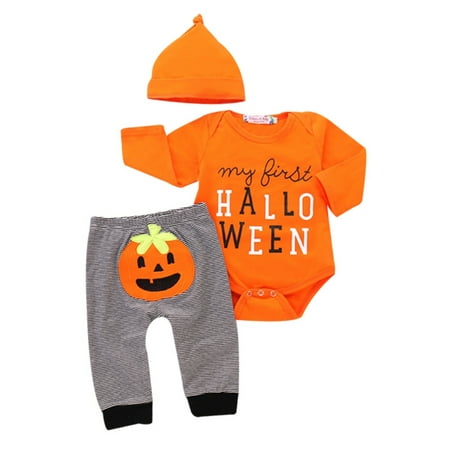 

Newborn Baby Boy Girl First Halloween Romper Bodysuit Pants Hat Pumpkin Outfits Set Clothes
