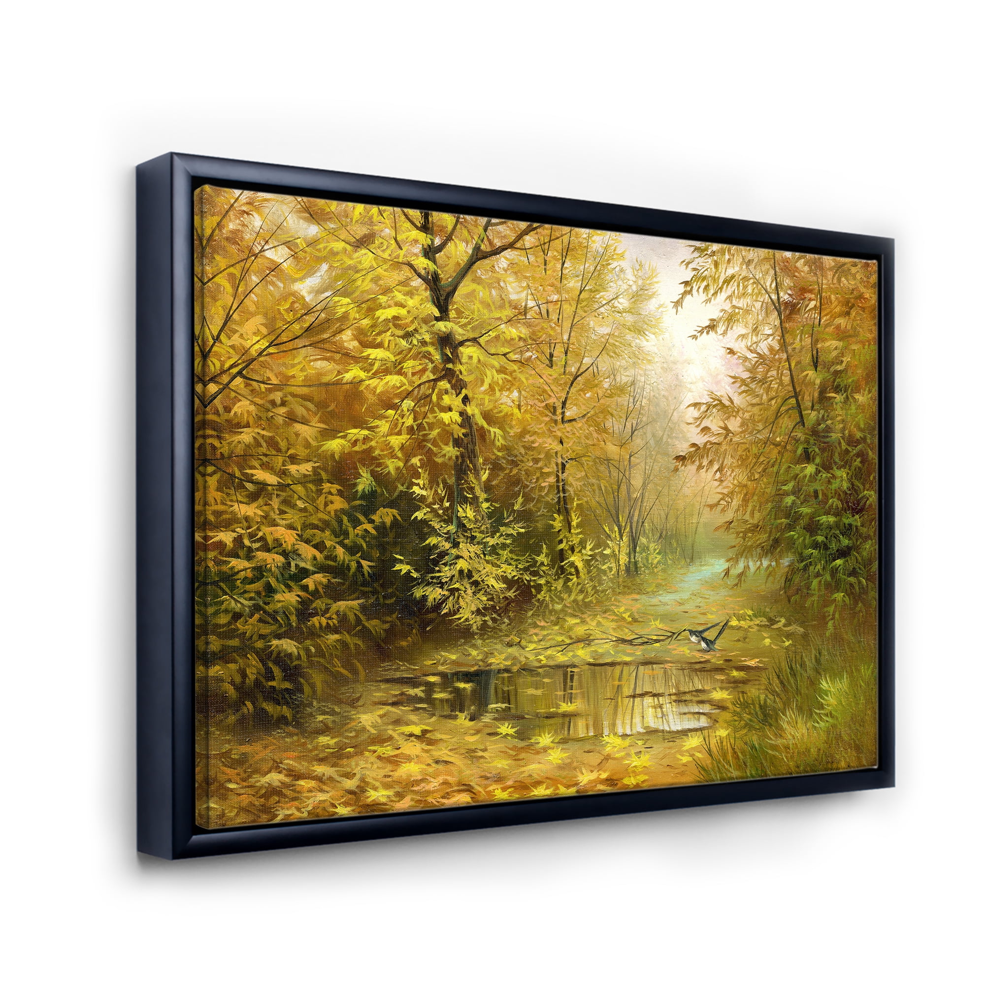 Designart 'Rain Water On Road In Yellow Woodlands' Country Framed Canvas Wall Art Print
