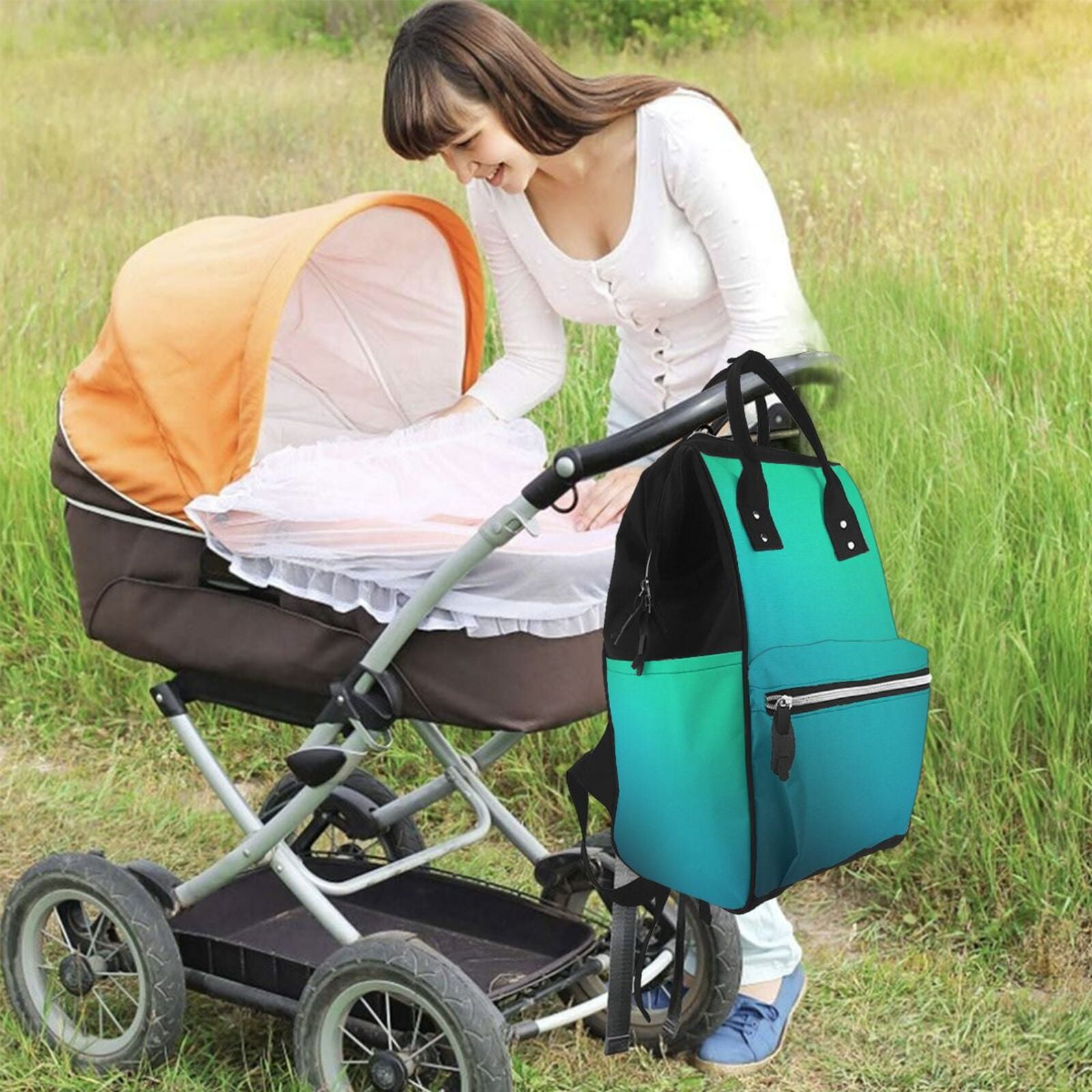 Ratiio Green Turquoise Teal Mummy Backpack - Waterproof Twill Canvas, Large Capacity Diaper Bag with Multiple Pockets and Adjustable Straps
