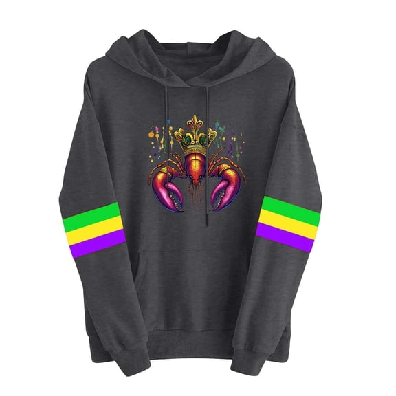 Mardi Gras Pullover Hoodie Sweatshirt for Women Long Sleeve Casual Loose Crewneck Pullover Funny Print Colorful Striped Tops