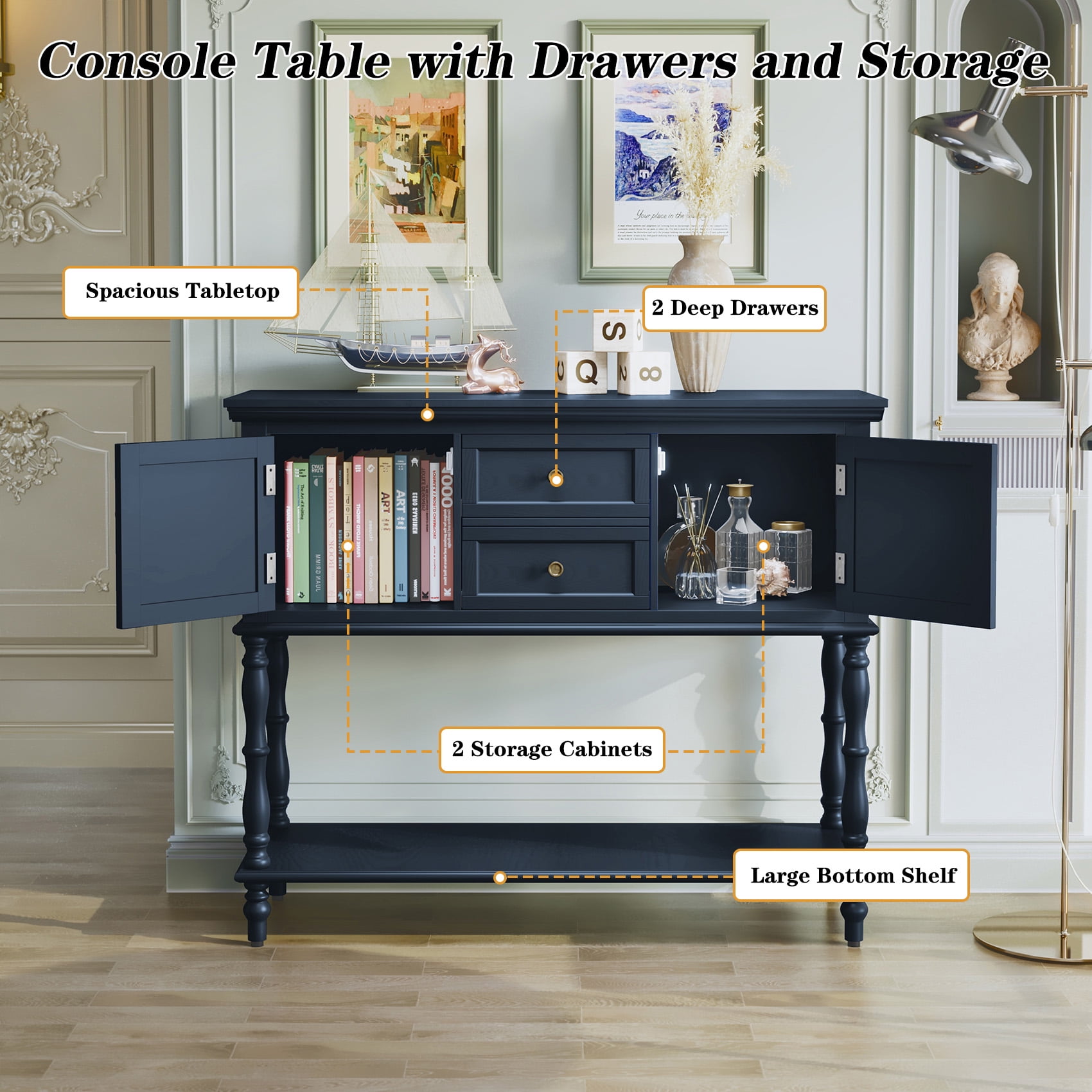 CBJCBJ 42" Farmhouse Console Table , 2 Drawer Narrow Long Entryway Table with Open Storage Shelf , for Living Room, Blue