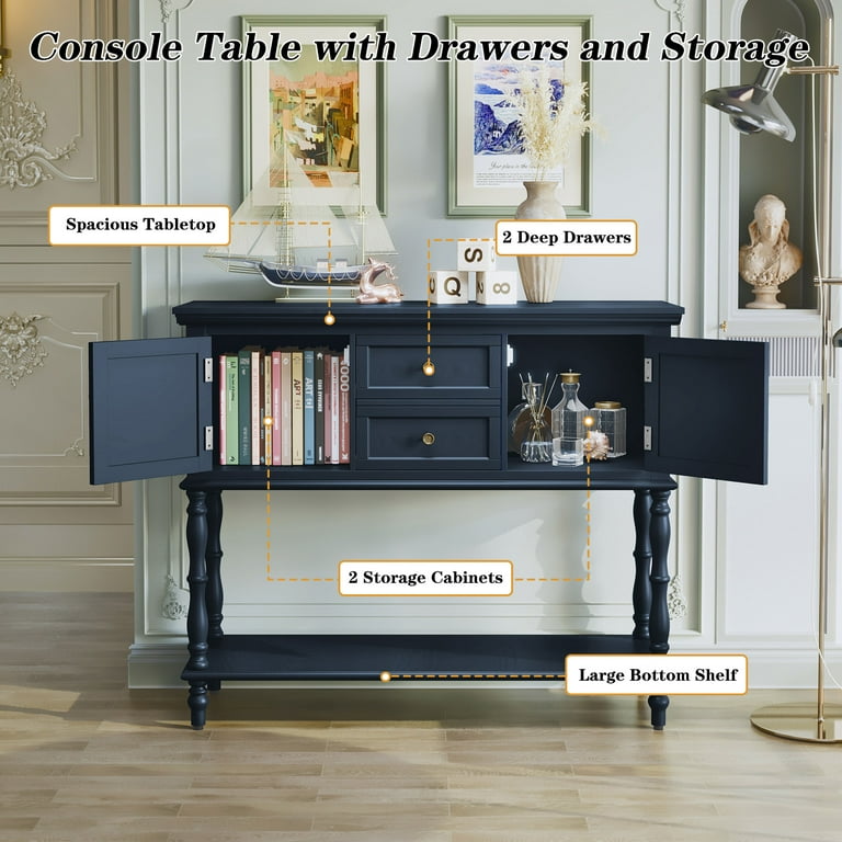 HLR 42" Farmhouse Console Table, Navy With Storage photo 5