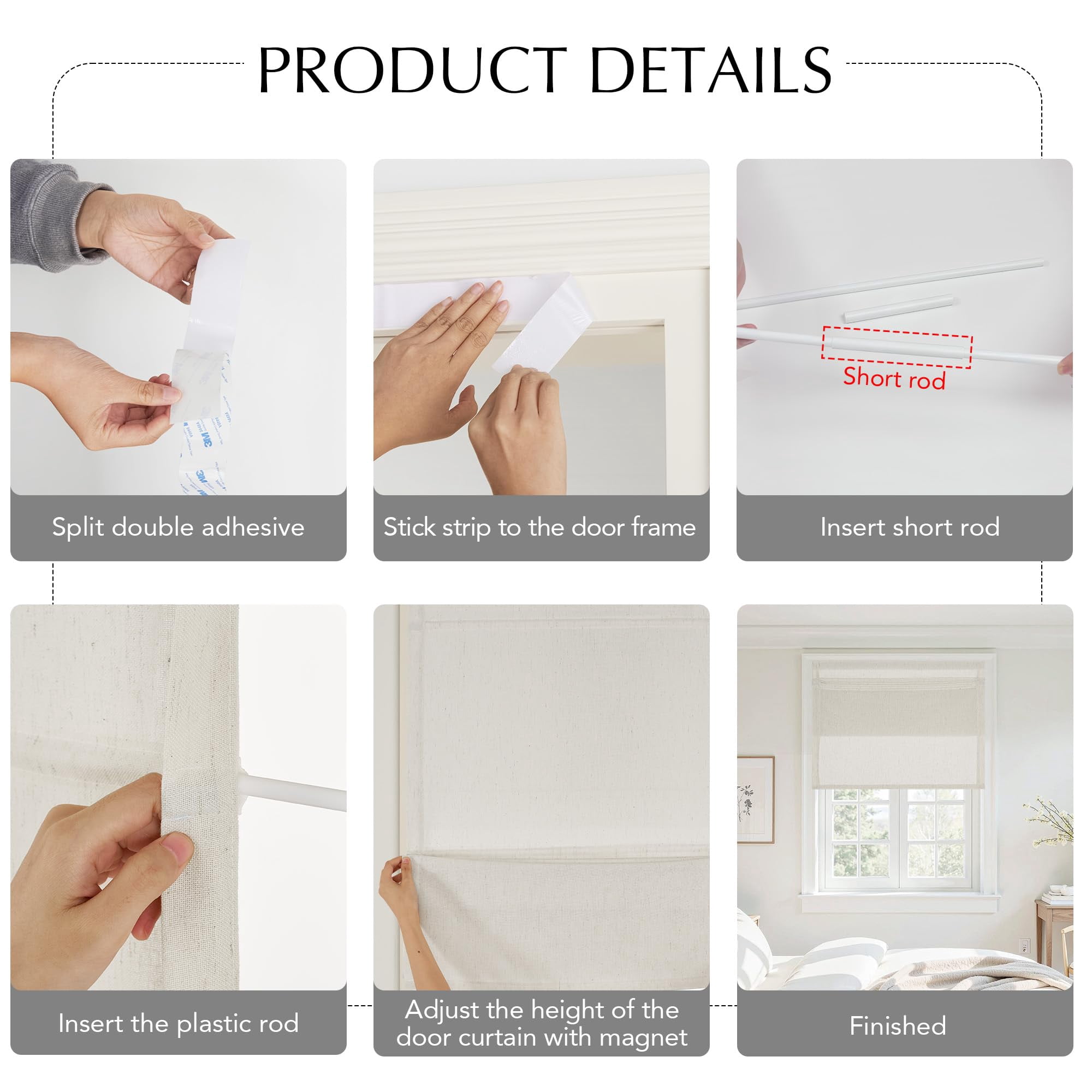 Linen Farmhouse French Door Curtain No Drill Blinds For Windows  Ivory Solid Cordless Window Covering With Light Filgtering W22 X L48 1pc