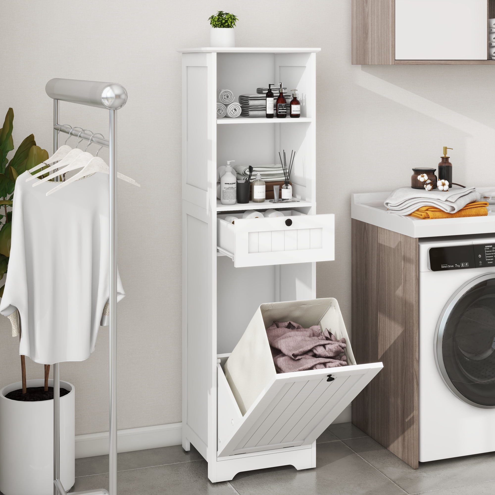 Leumius Tilt-Out Laundry Hamper Cabinet,Freestanding Laundry Sorter Cabinet with Compartment & Drawer,White