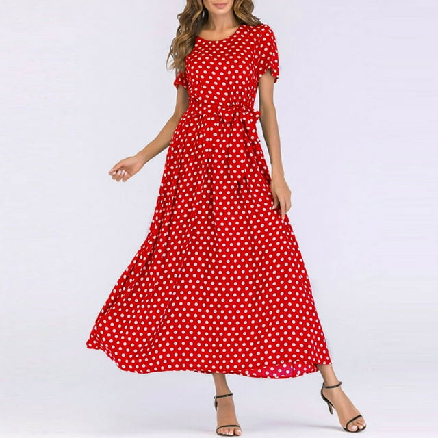 SMihono Robe d'Été pour Femmes Grande Taille Mode Femmes Manches Courtes Plage Pois Bandage Longue Robe Maxi