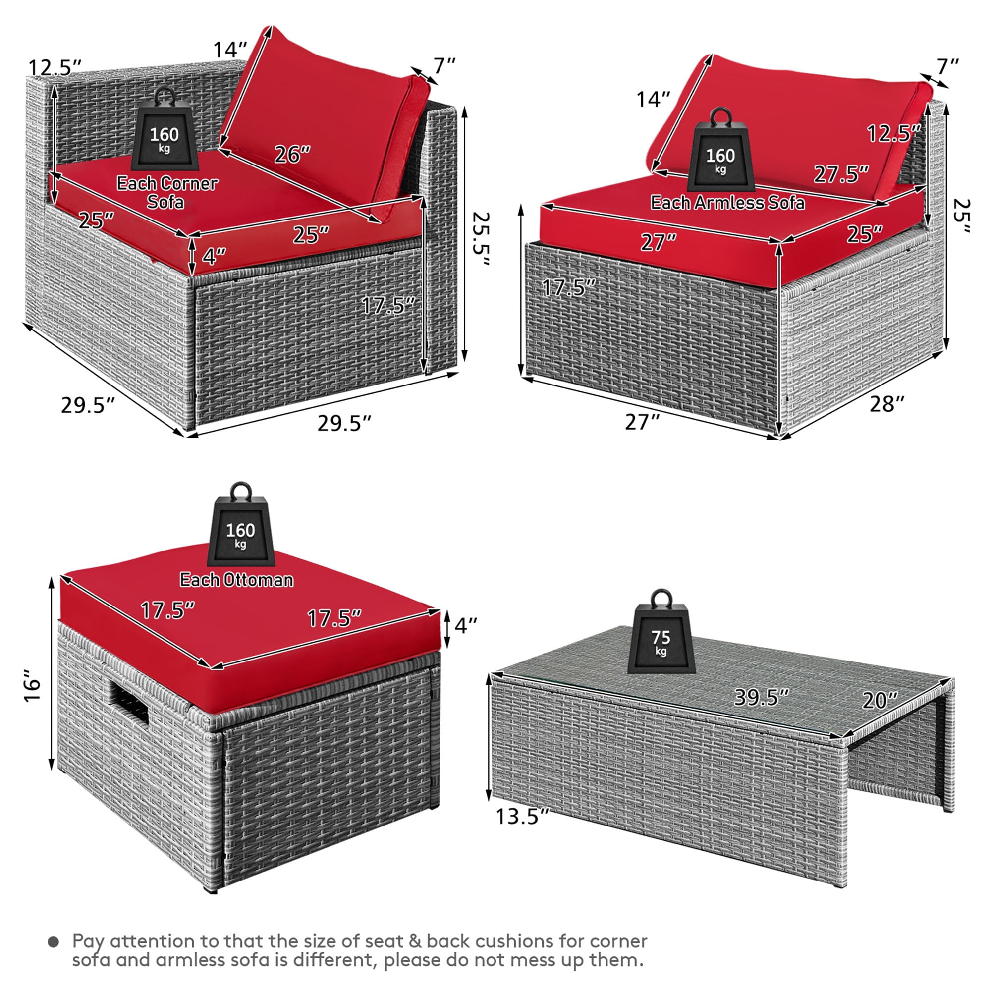 Gymax Fashion 8PCS Rattan Patio Space-Saving Furniture Set w/ Waterproof Cover & Red Cushions