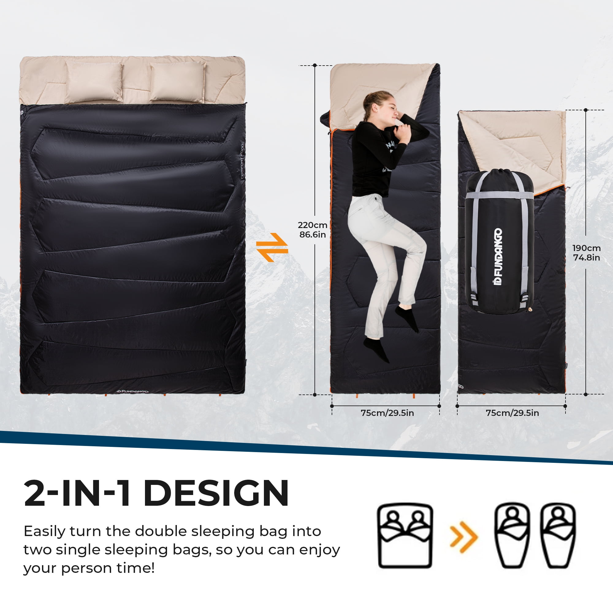 FUNDANGO 2 Person Sleeping Bag with Pillows for Adults Black Double Camping Sleeping Bags 220*150cm, Queen Size Two Person Sleeping Bags with Compression Sack 39.2°F-62.6°F, 6.1lbs, Black