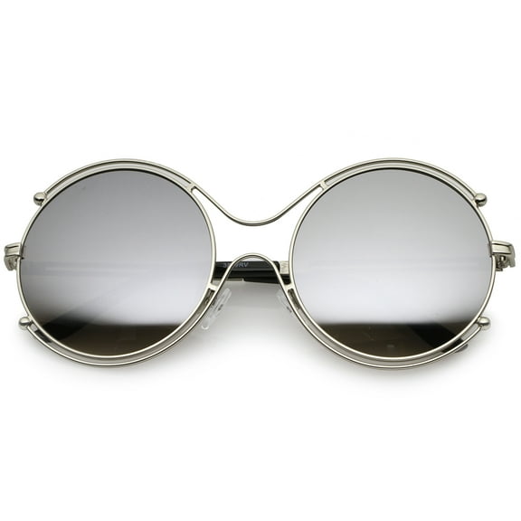 sunglassLA Female Oversize Wire Rimmed Temple Cutout Colored Mirror Round Sunglasses 58mm (Silver / Silver Mirror) - 58mm