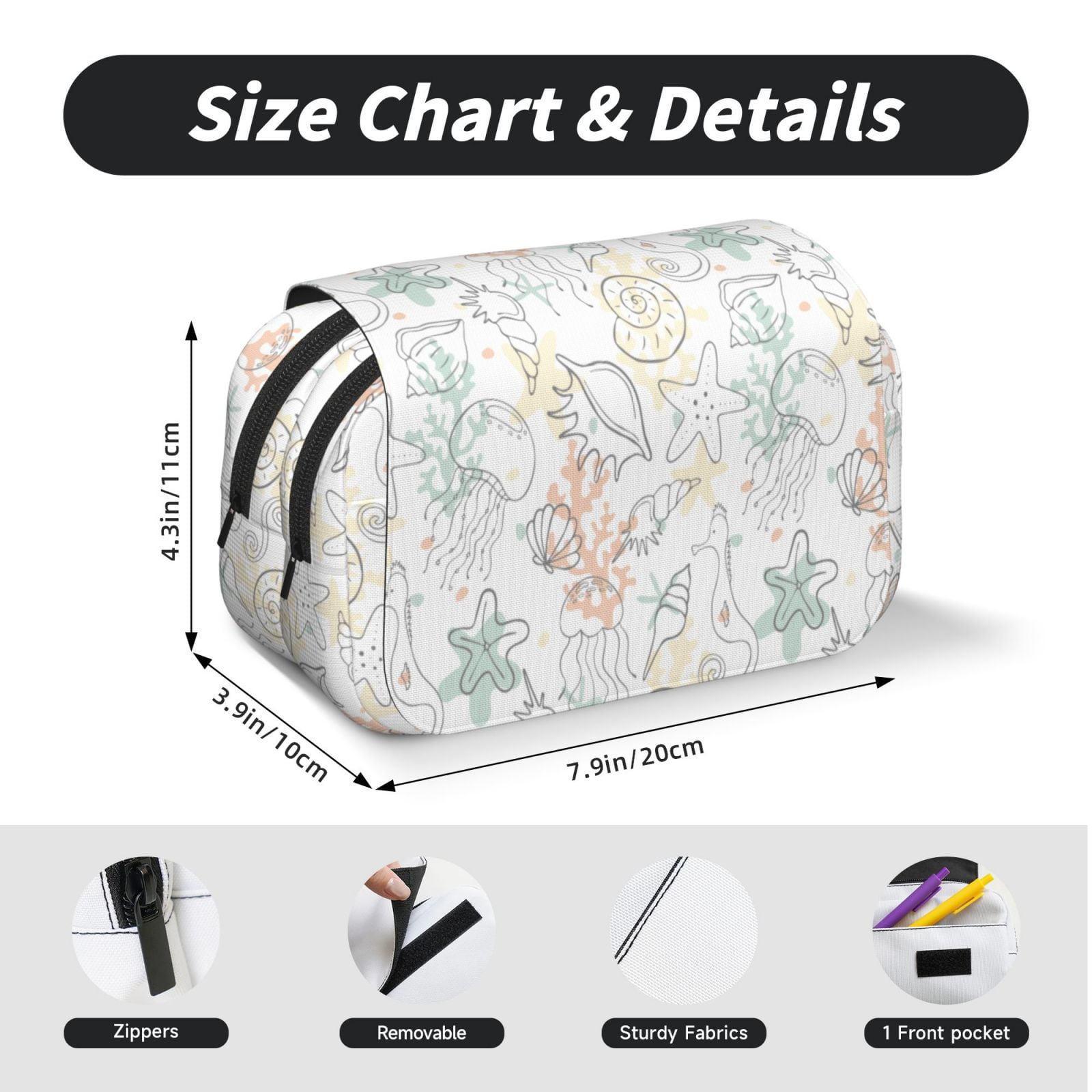 Rateoe Sea Animals Pattern Double Clamshell Pen Case, Storage Organizer with Two Zipper Compartments– Holds Up to 50 Pencils & Pens