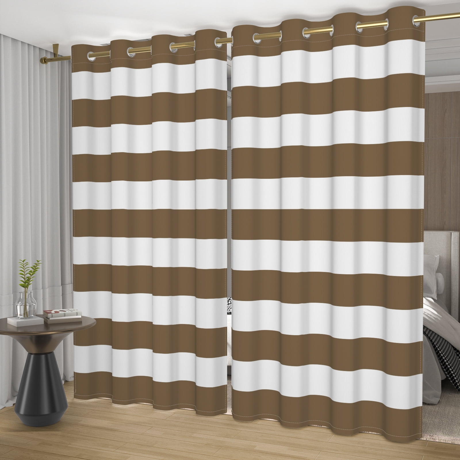 Nanqianyi Brown Striped Blackout Curtains Panel Pair, 42"x84", Grommet Top Thermal Insulated Drapes for Bedroom Living Room
