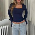 thumbnail image 3 of Yokua Women's Lace-trimmed Square Neck Flared Long Sleeve Cropped Midriff T-Shirt with Lace Trim - Slim Fit for Outings, 3 of 9