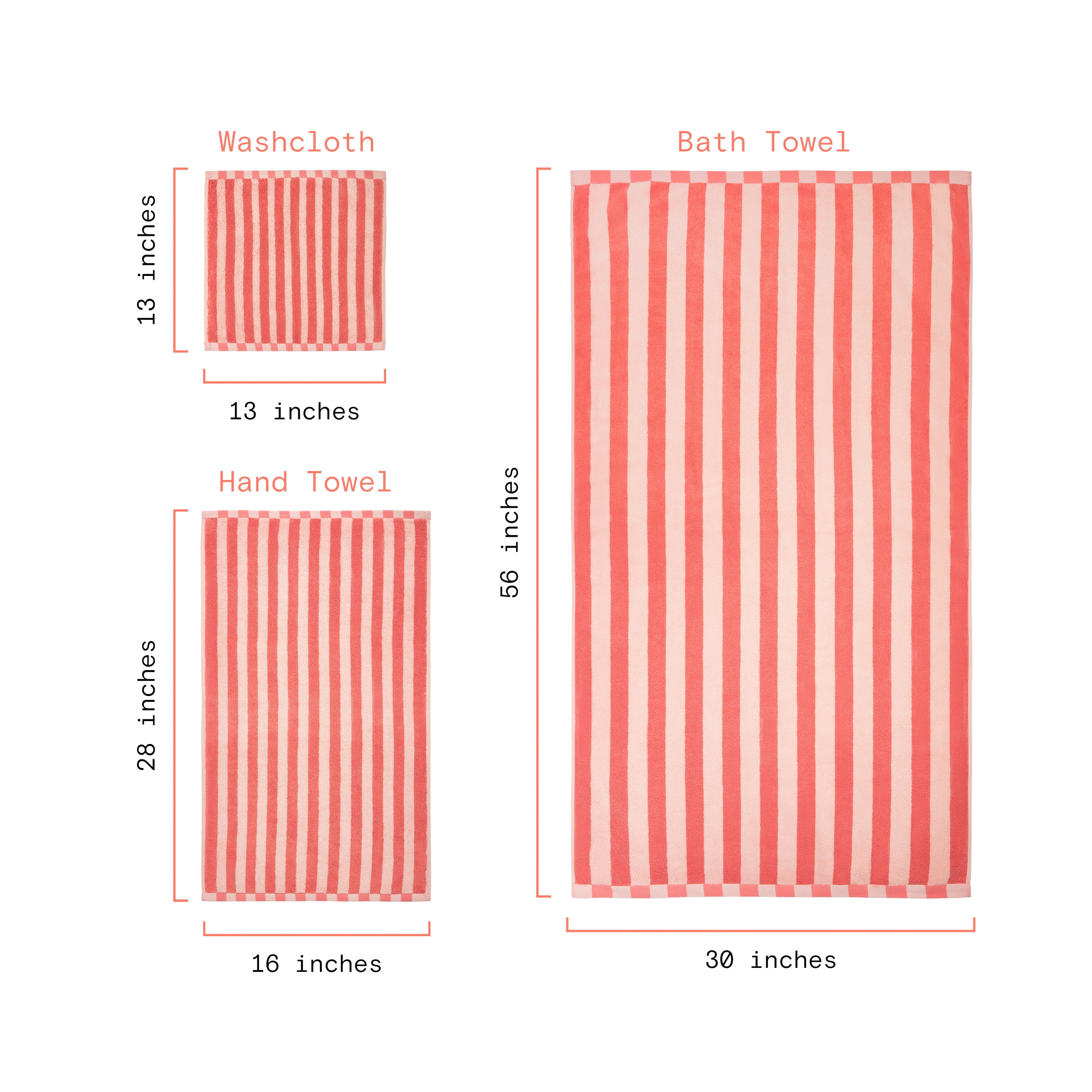 Beautiful by Drew Barrymore 6-Piece Stripe Hem Bath Towel Set, Soft 100% Cotton, Coral