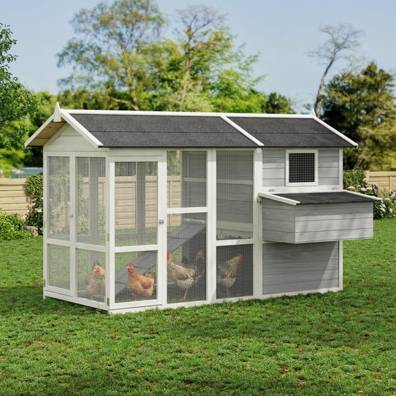 Large Outdoor Chicken Coop for 4-6 Chickens Wooden Hen House Poultry Pet Hutch Run Cage w/Waterproof Asphalt Roof, Ramp, Nesting Box, Wire Fence, 80" x 35" x 54"