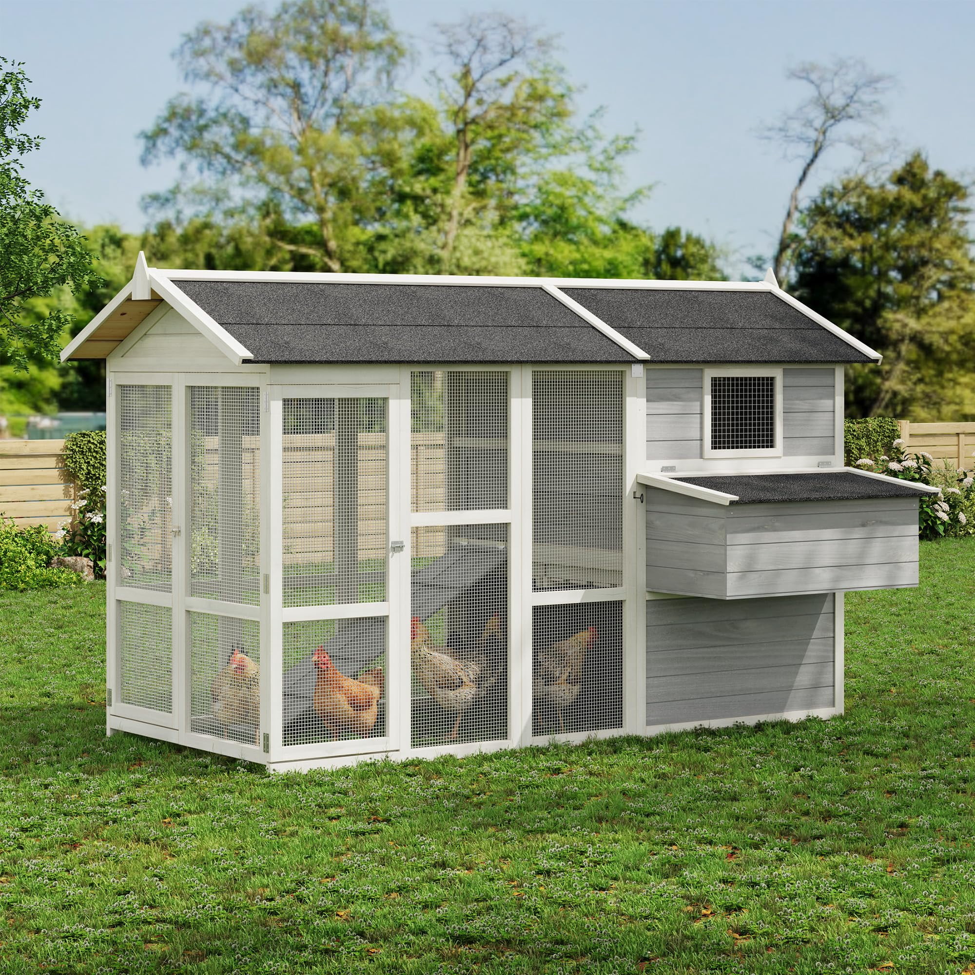 Garvee Chicken Coop Large Hen House for 4-6 Chickens Wooden Poultry Cage with Run Ramp Nesting Box Wire Fence Waterproof Roof &ndash; Grayish White