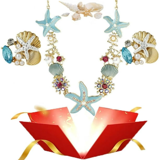 Collar de perlas de estrella de mar de concha, collar de perlas de estrella de mar boho, collar con colgante de océano, regalo de joyería para mujeres (azul-B)