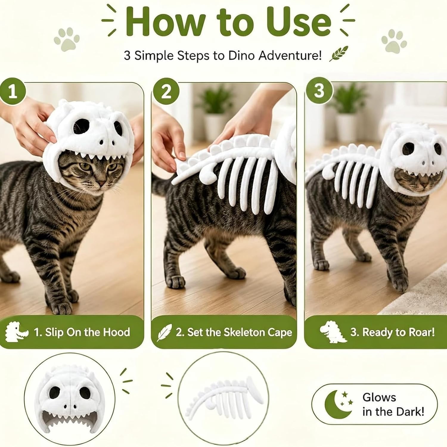 Cat Dinosaur Costume, Catsaur Costume, Dinosaur Costume for Dogs, Soft Plush T Rex Halloween Outfit, 3D Skeleton Design Glow in the Dark, Realistic Dinosaur Skeleton Costume for Pet