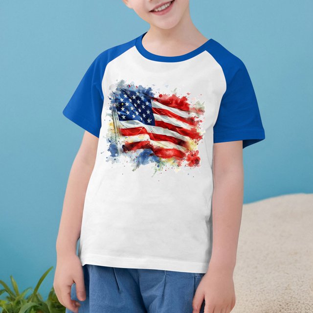 MKOSPLRT T-Shirt Drapeau Américain Tout-Petit Enfants Garçons Filles Patriotique Manches Courtes Raglan T-Shirts Col Rond Rouge Blanc et Bleu T-Shirts 3-14a