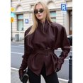 thumbnail image 5 of Women'S Faux Leather Jacket with Stand-Up Collar and Belted Waist Wine Red S, 5 of 10