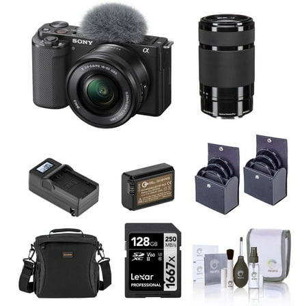ZV-E10 Mirrorless Camera with 16-50mm & 55-210mm f/4.5-6.3 OSS E-Mount Lens, Black Bundle with 128GB SD Memory Card, Bag, Battery, Charger and Accessories Kit