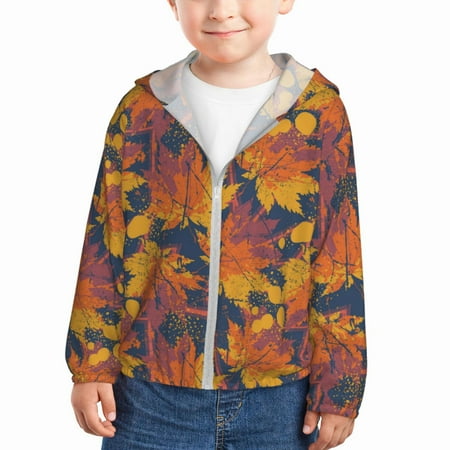 

Qekee Vintage Abstract Maple Leaf Art Print UPF 50+ Kids Sun-Protective Hooded Long Sleeve Rash Guard for Fishing Water Beach Sports -4 Years