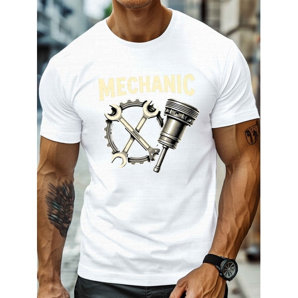 Camiseta gráfica "MECHANIC" para hombre: informal y ligera, de algodón, con cuello redondo y manga corta, con estampado de herramientas, ideal para el verano.