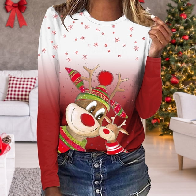 Puntoco - Camiseta de manga larga con cuello redondo y estampado de ciervos en 3D para mujer Puntoco Puntoco-5480