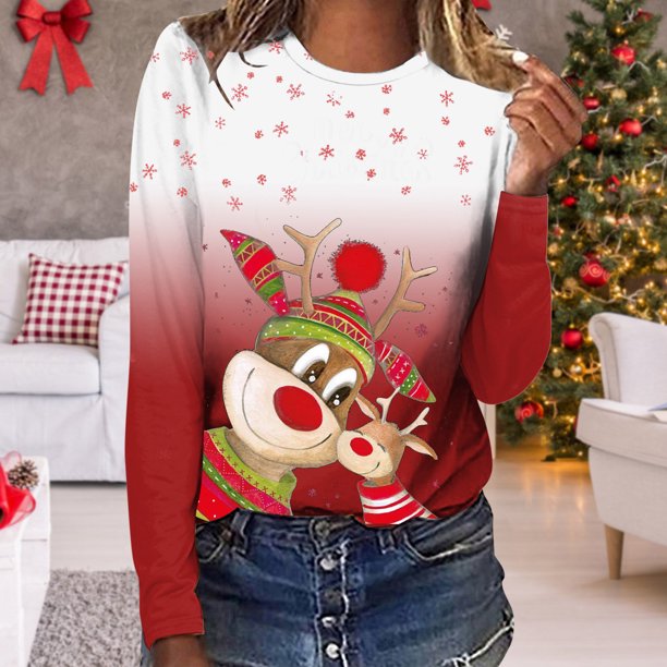 Pntutb - Camiseta de manga larga con cuello redondo y estampado de ciervos en 3D para mujer Pntutb Pntutb-1836