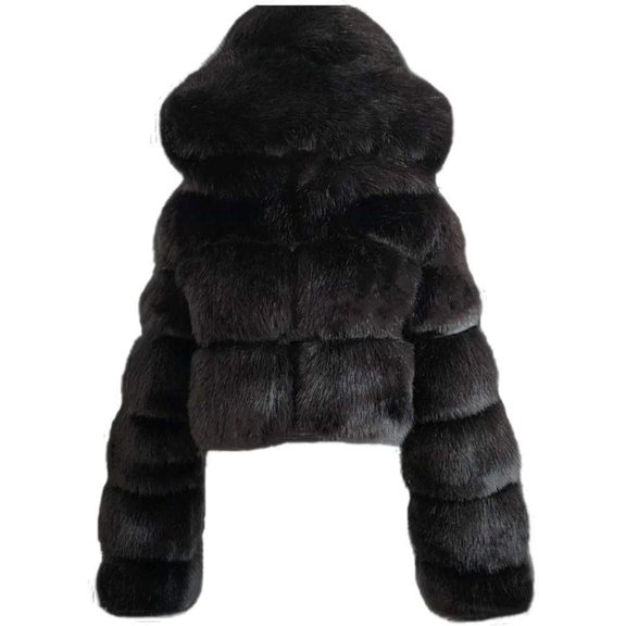 SMZ Winter Crop Coats Womens Faux Fur Jacket Long Sleeve Hooded Cropped Jackets Zipper Fuzzy Short Coat Outerwear