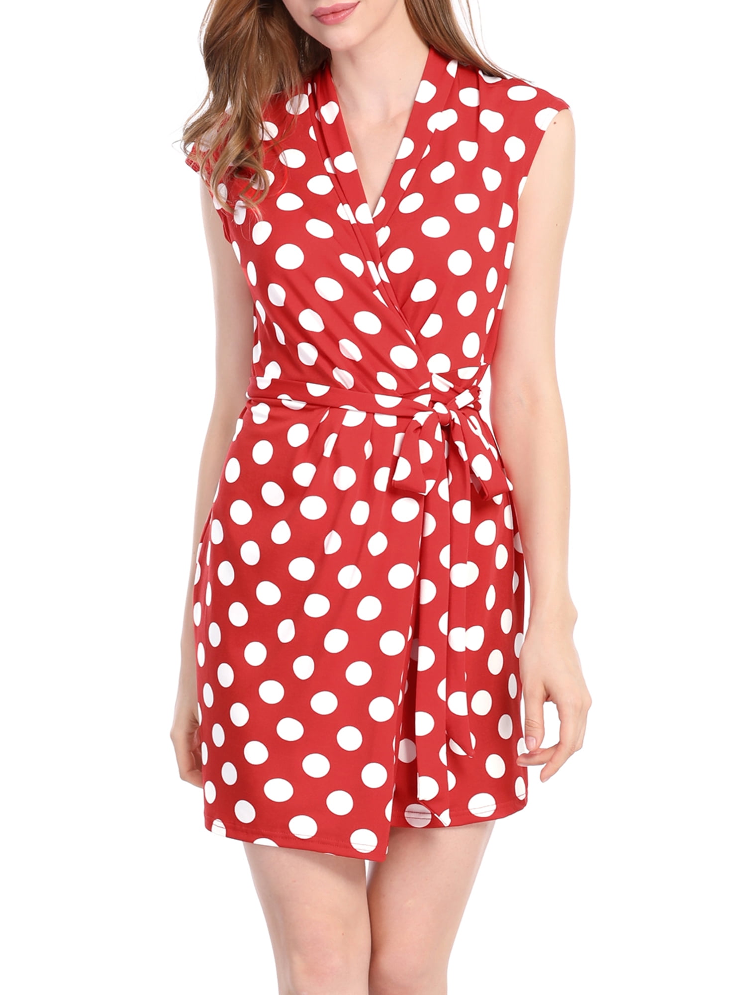 red and white polka dot wrap dress