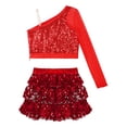 thumbnail image 4 of Alvivi Girls Sequins Long Sleeve One Shoulder Latin Jazz Dance Crop Top with Ruffle Skirted Shorts Red 14, 4 of 7