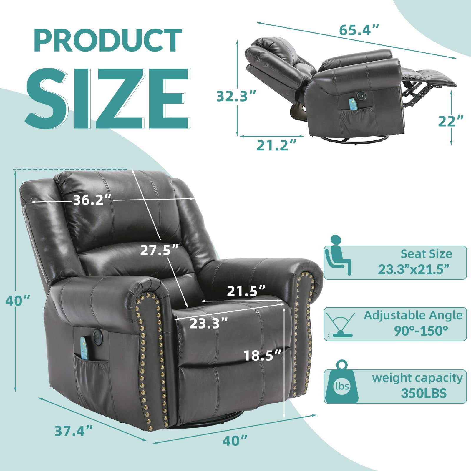 MEETWARM Massage Swivel Rocker Recliner, Manual Glider Rocking Recliner Chair with Heat and Vibration, 360°Swivel Lounge Reclining Chair with Remote Control/USB Ports for Living Room(Gray)