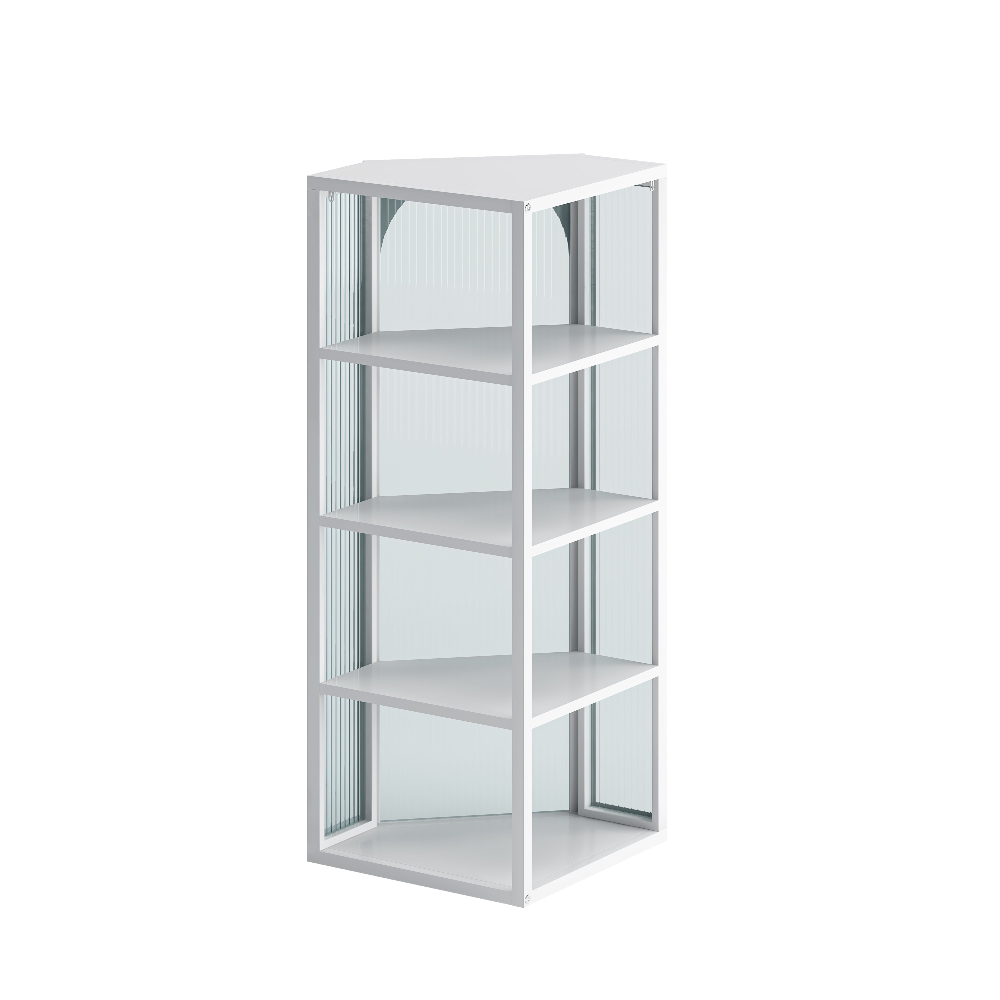 Wall Mounted Corner Cabinet 41.34 Inch, 4-Tier Glass Door Storage with Ribbed Glass and Metal Frame, Bathroom Organizer and Living Room Display Cabinet, White