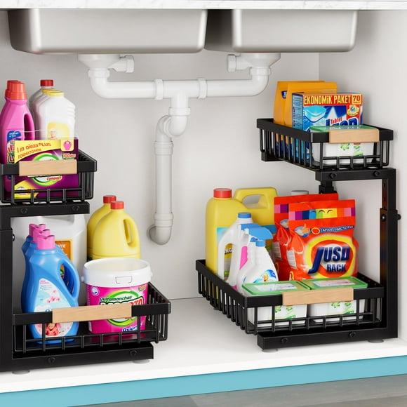 Under Sink Organizer,2 Packs 2 Tier Sliding Pull Out Cabinet Storage Shelf, Metal Drawer for Kitchen Bathroom Cabinet, Under Sink