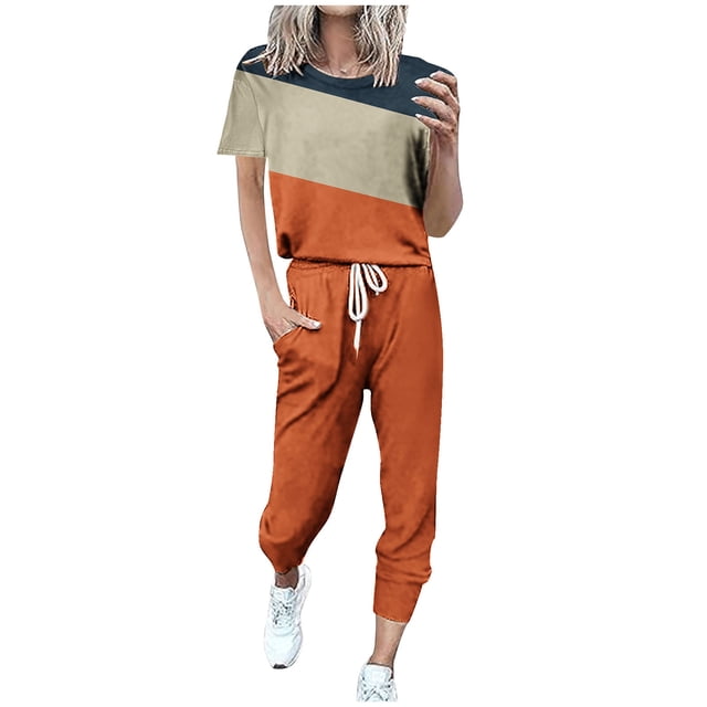 UPPADA Ensembles Détente 2 Pcs pour Femmes Tenues 2 Pcs Vêtements de Détente Manches Longues Col Ras du Cou Ensemble de Pyjama Jogger Pantalon de Survêtement Survêtement avec Poches Orange,m