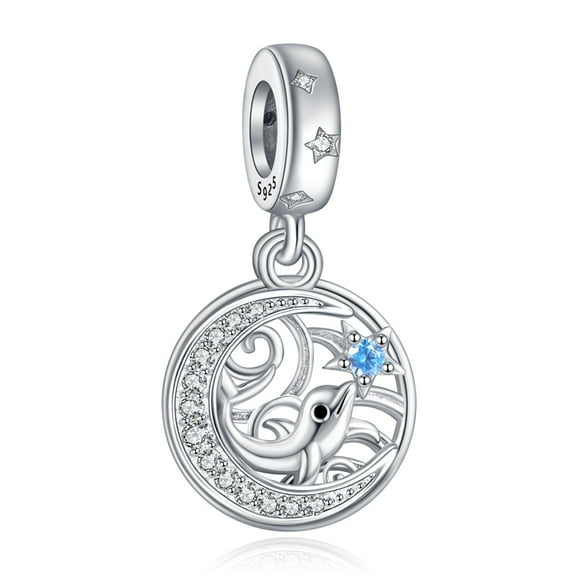 925 Sterling Silver Dolphin On Moon Dbouble Pieces Dangle Charm for Women Charm Bracelet & Necklaces