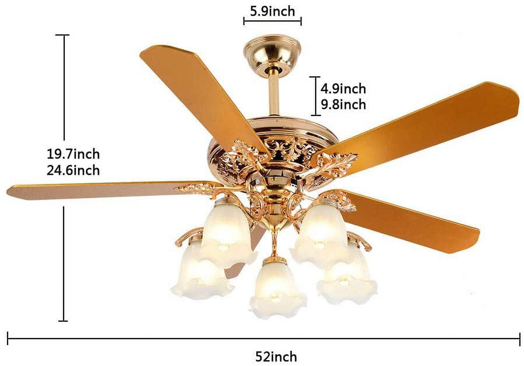 DENEST 52 Inch Gold Ceiling Fan with LED Light and Remote Control,Creative Design Chandelier Fan Light with 5 Wood Reversible Blades 5 Frosted Glass Lampshades,Quiet Motor