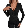 thumbnail image 1 of Camiseta de Larga Ajustada con Escote en V Profundo y Fruncido para Mujer Negro XL, 1 of 5