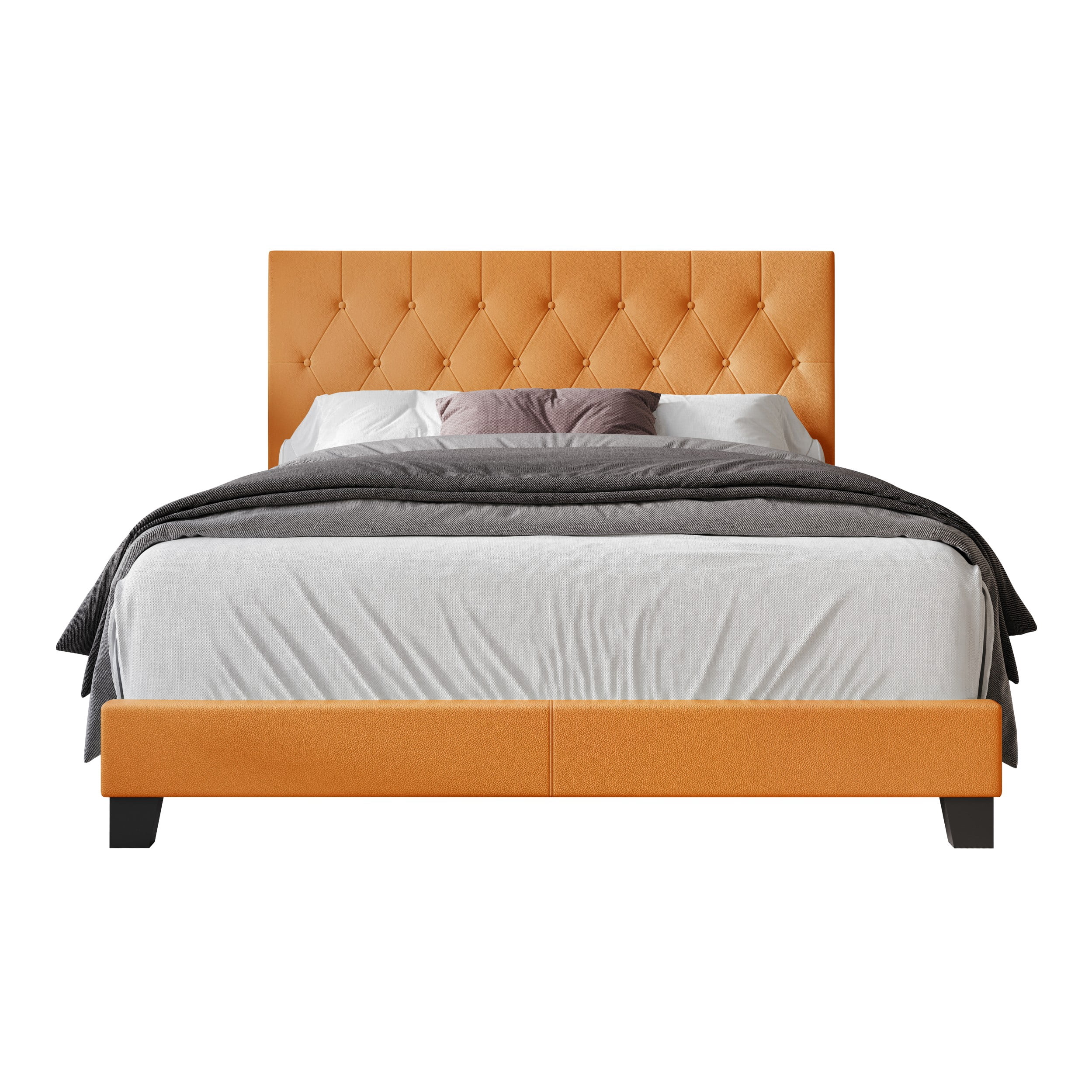Home Design Omaha Queen Tufted Upholstered Panel Bed Frame, Orange, Easy Assembly