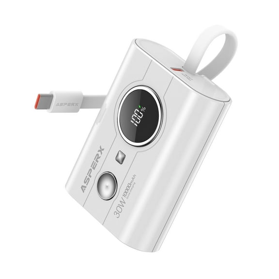 ASPERX Portable Charger, 10000mAh Power Bank with 30W Cable Fast Charging Outputs, LED Display Power Bank Compatible for iPhone 15/Android /Laptop, Plane Travel Powerstation, White