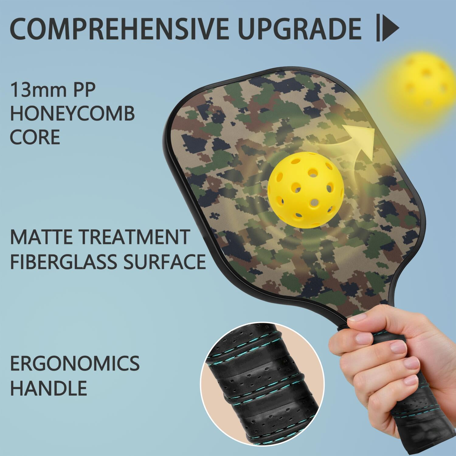 Pickleball Paddles Set Of 1, Fiberglass Surface, Camouflage Print, 1 Paddle, 2 Balls & Bag