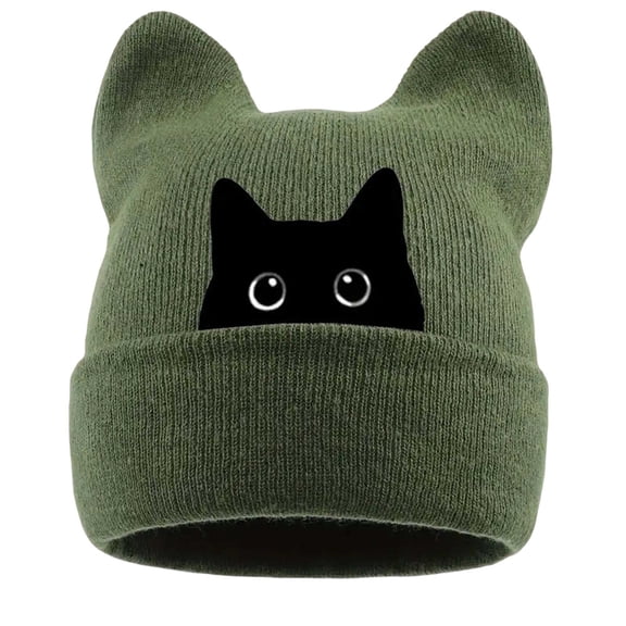 Cat Embroidered Cute Warm Knit Hat with Cat Ears Winter Slouchy Beanie